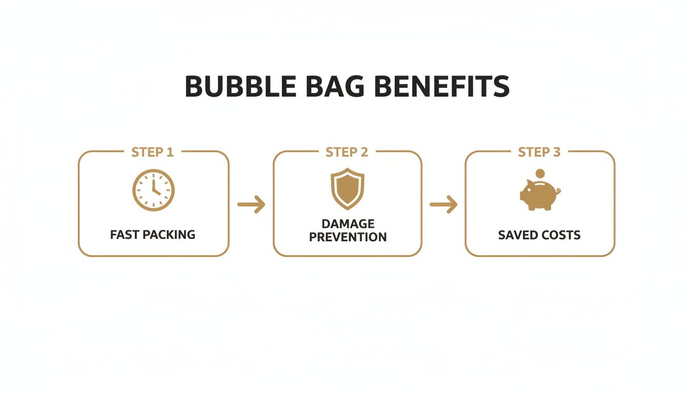An infographic detailing three benefits of bubble bags: fast packing, damage prevention, and cost savings.