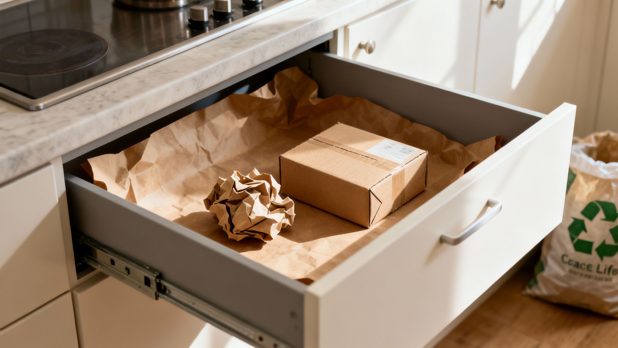 Open kitchen drawer with a small package and crumpled brown packing paper, ready for recycling.