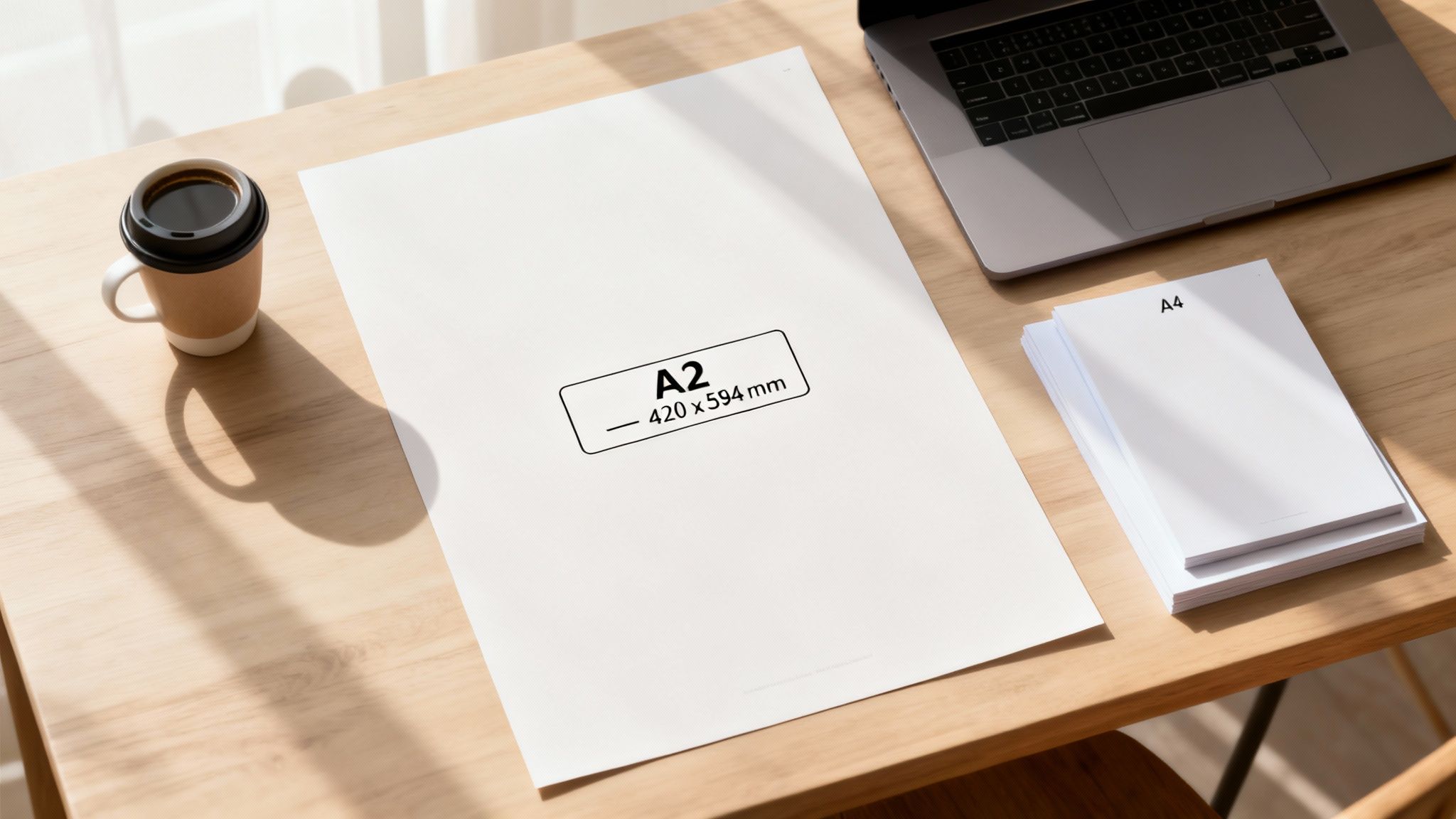 Top-down view of a light wooden desk with an A2 paper, laptop, coffee cup, and A4 stack.