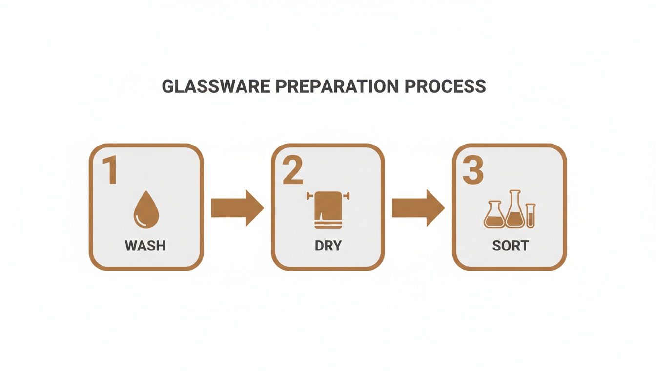A diagram showing the 3-step glassware preparation process: washing, drying, and sorting.