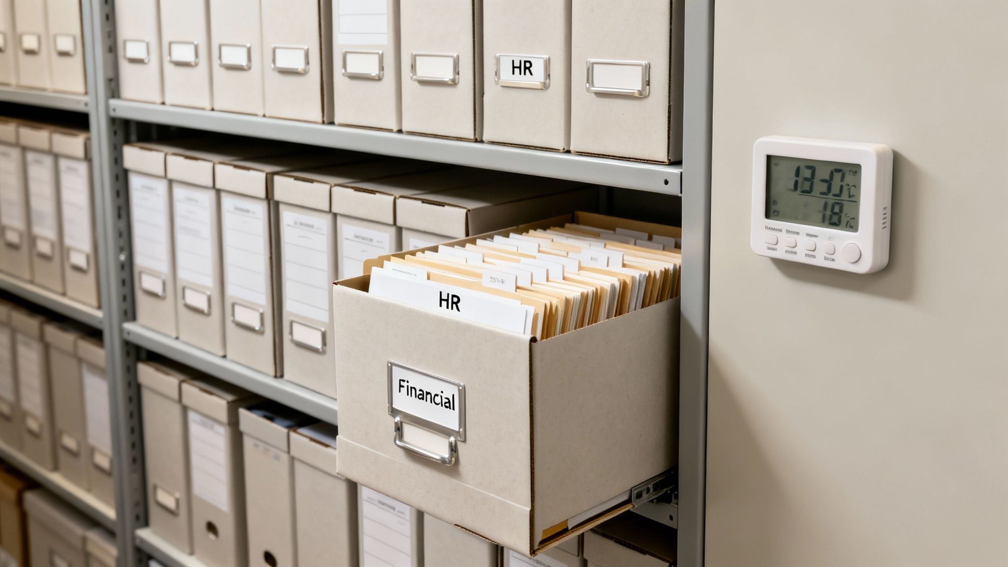 An archive room with shelves full of document boxes, a pulled-out drawer shows HR and financial files.