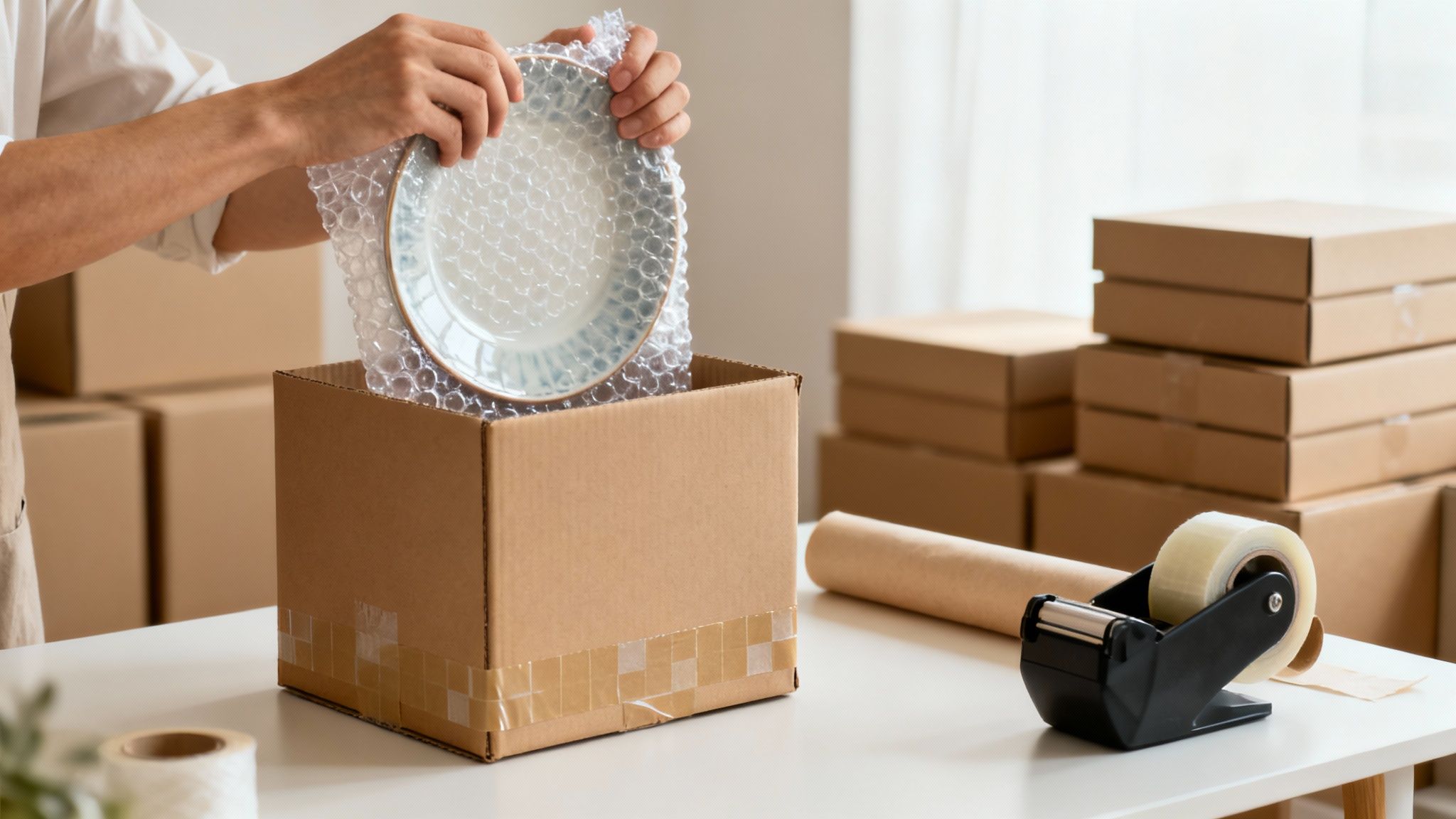 Person carefully packing a plate with bubble wrap into a cardboard box for moving.