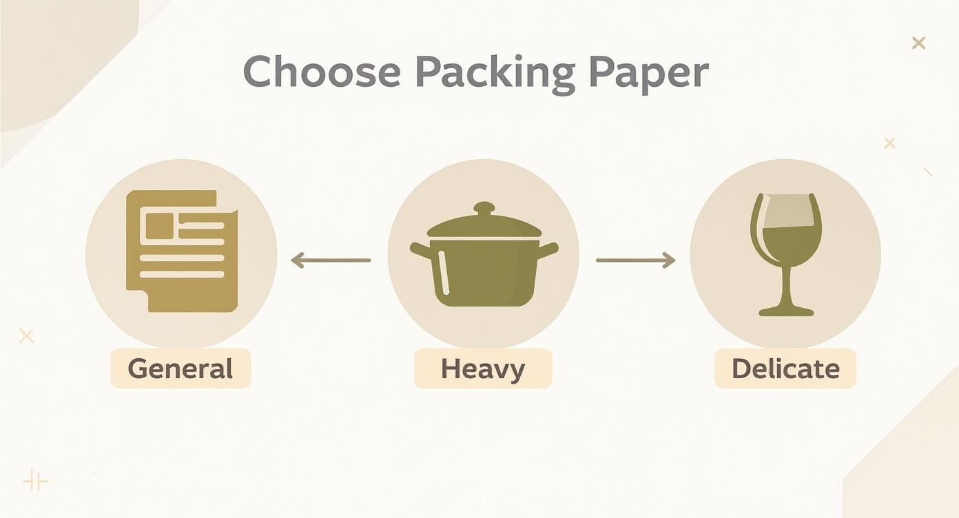 Three packing paper options illustrated with icons for general items, heavy cookware, and delicate glassware