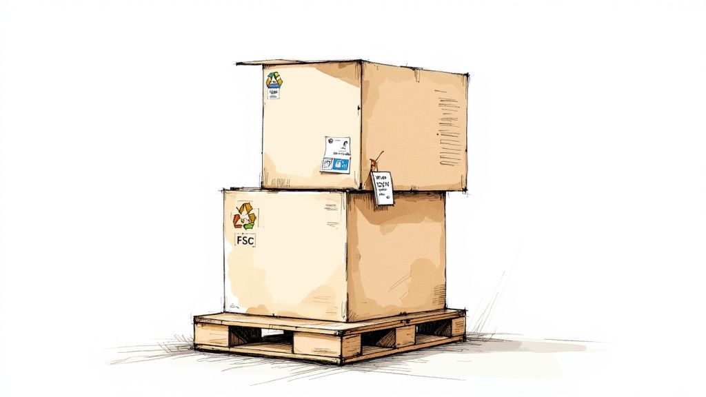 Two large cardboard shipping boxes with recycling symbols stacked on a wooden pallet.