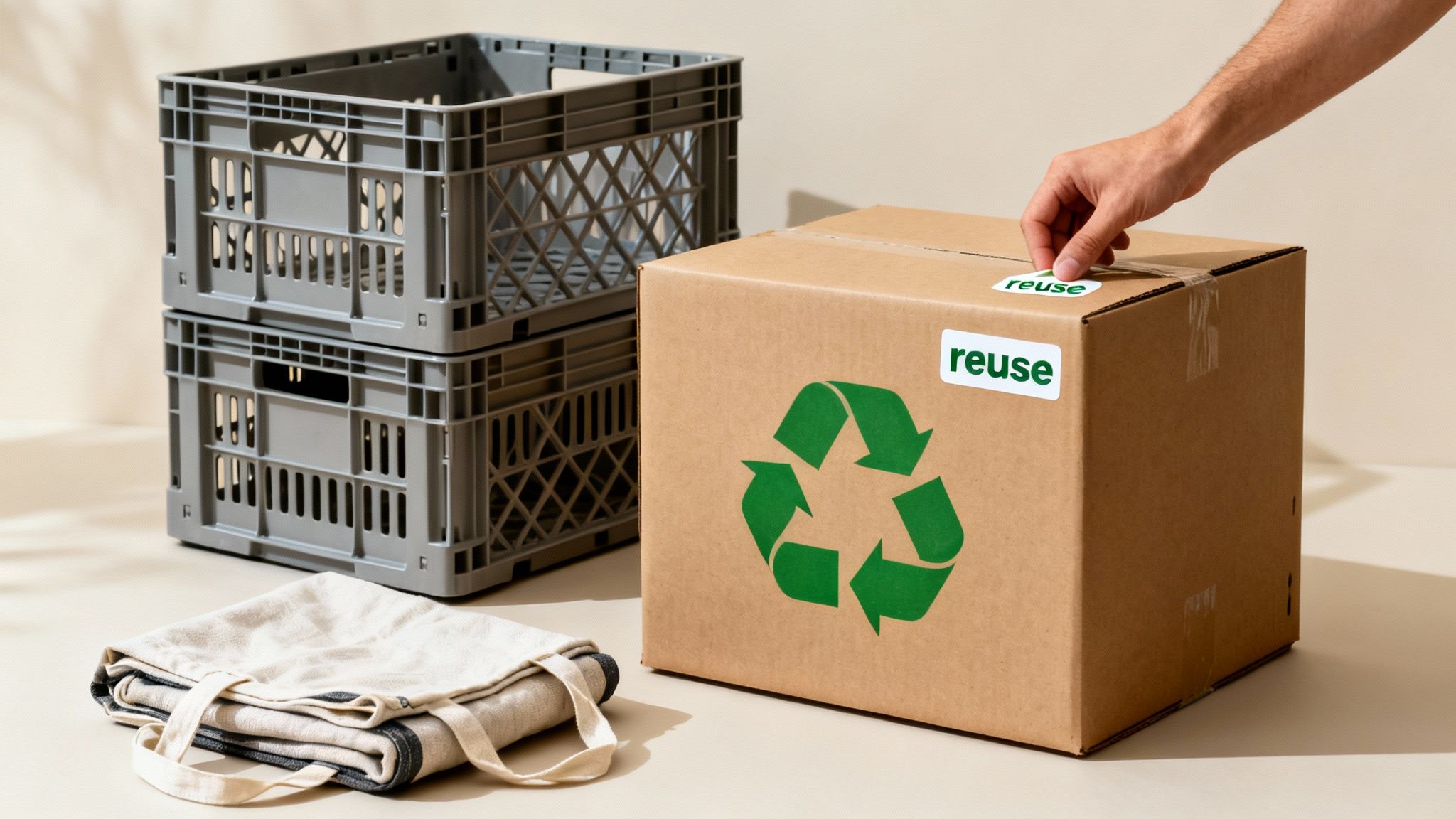 A hand places a 'reuse' sticker on a cardboard box with a recycling symbol, next to crates and a cloth bag.
