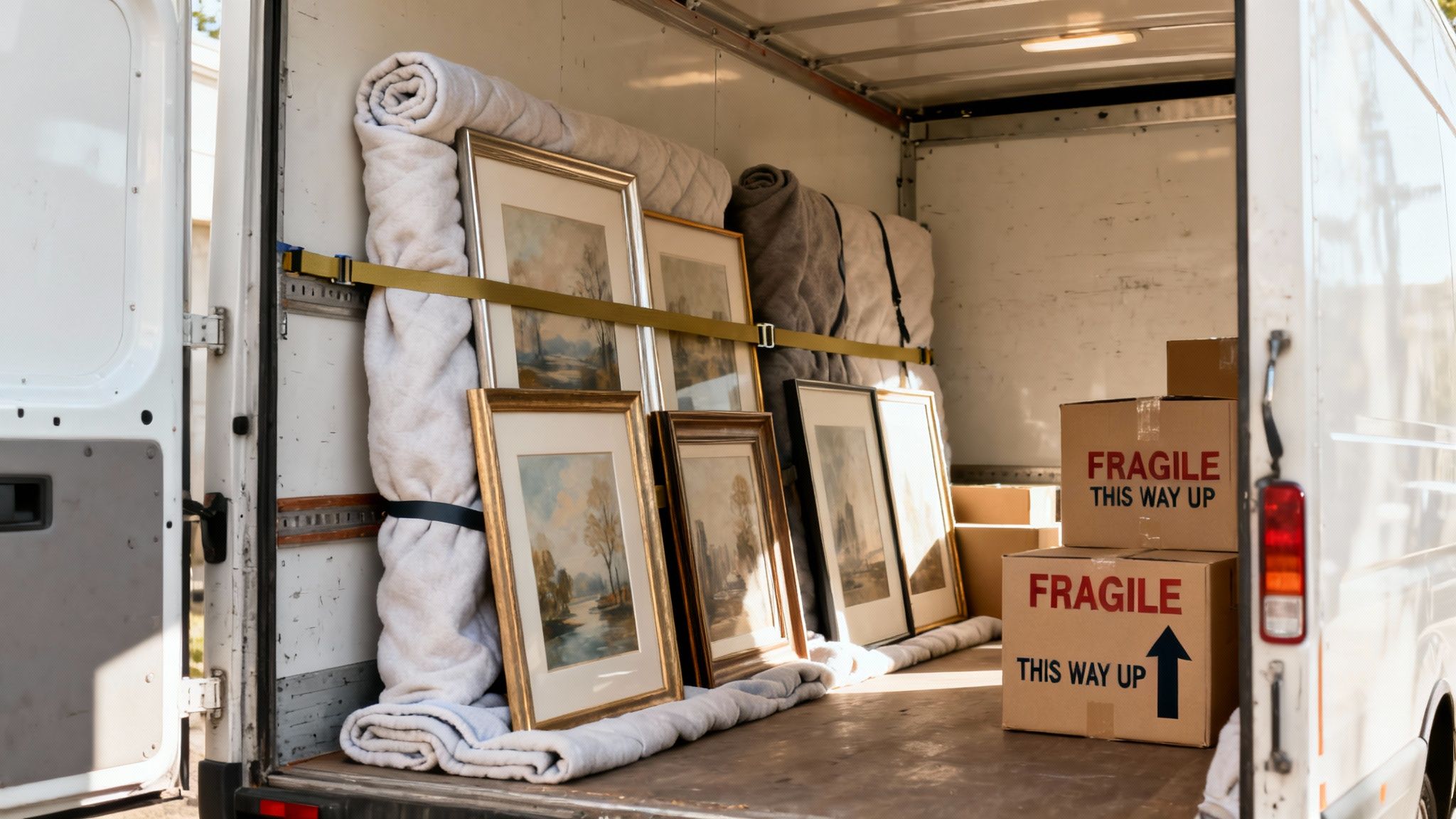 A moving truck loaded with carefully packed framed artwork, blankets, and fragile boxes.