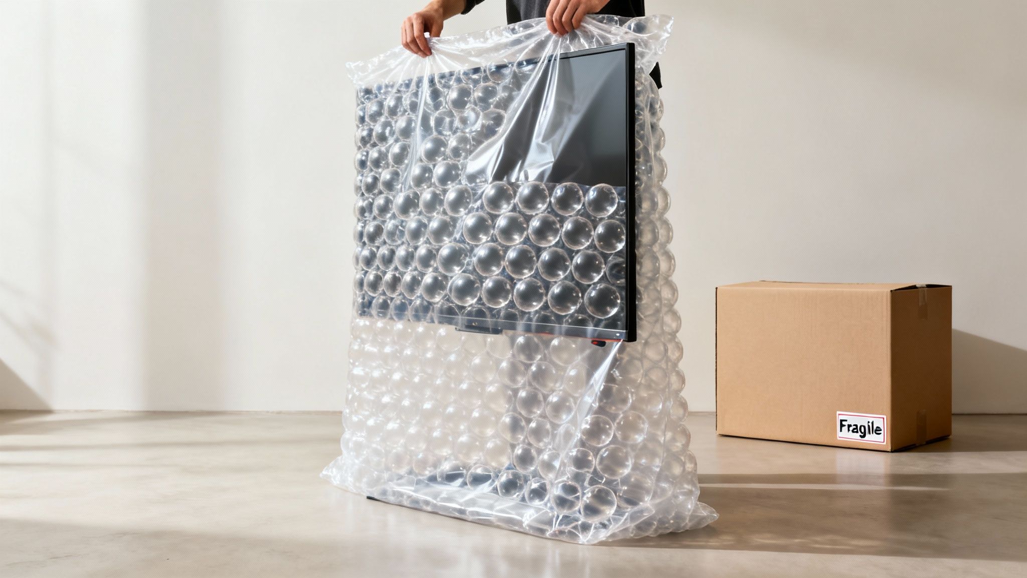 A person holds a large monitor protected by a clear bubble wrap bag next to a 'Fragile' labeled cardboard box.