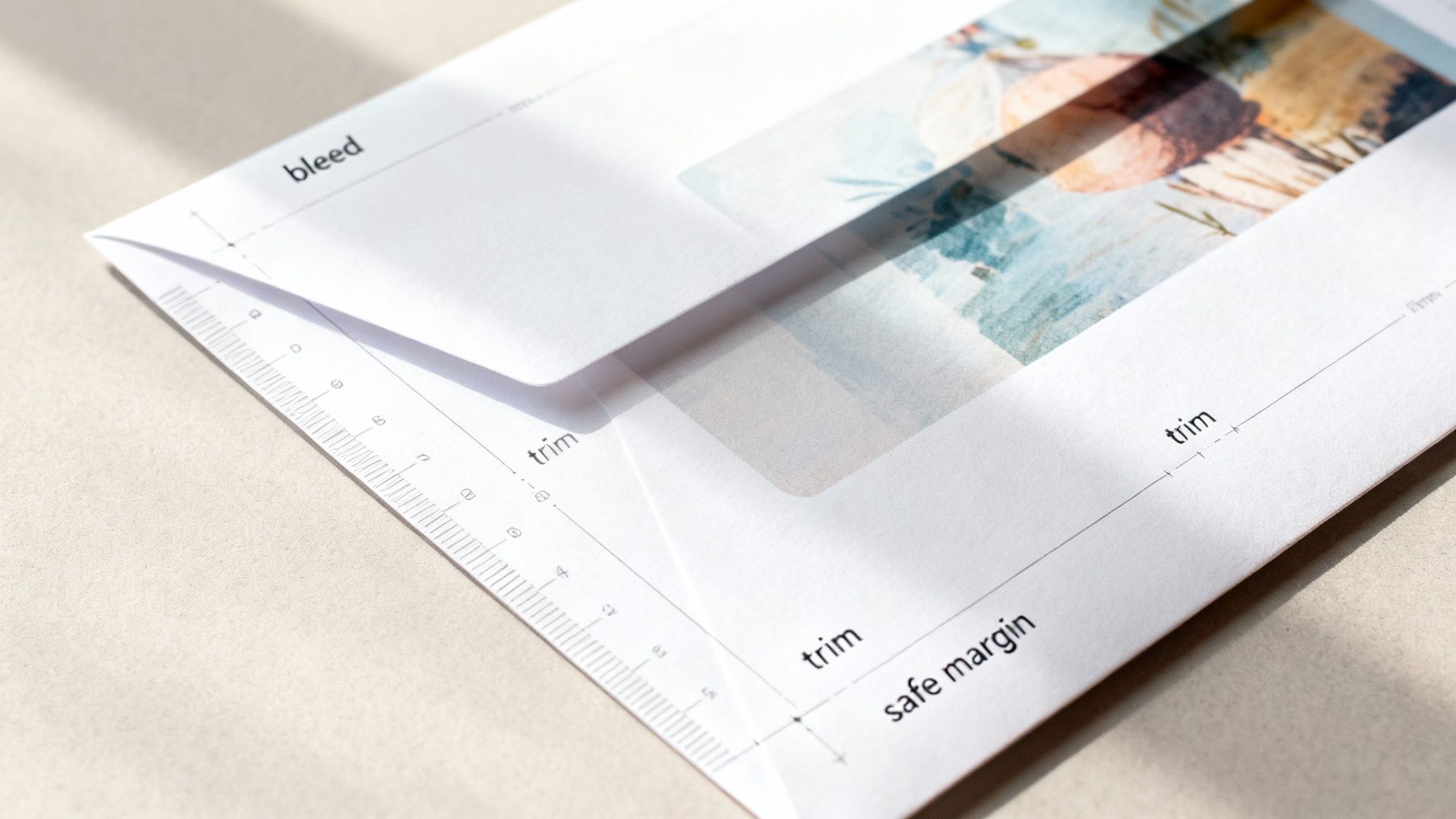 Close-up of a white paper with print guidelines for bleed, trim, and safe margin.