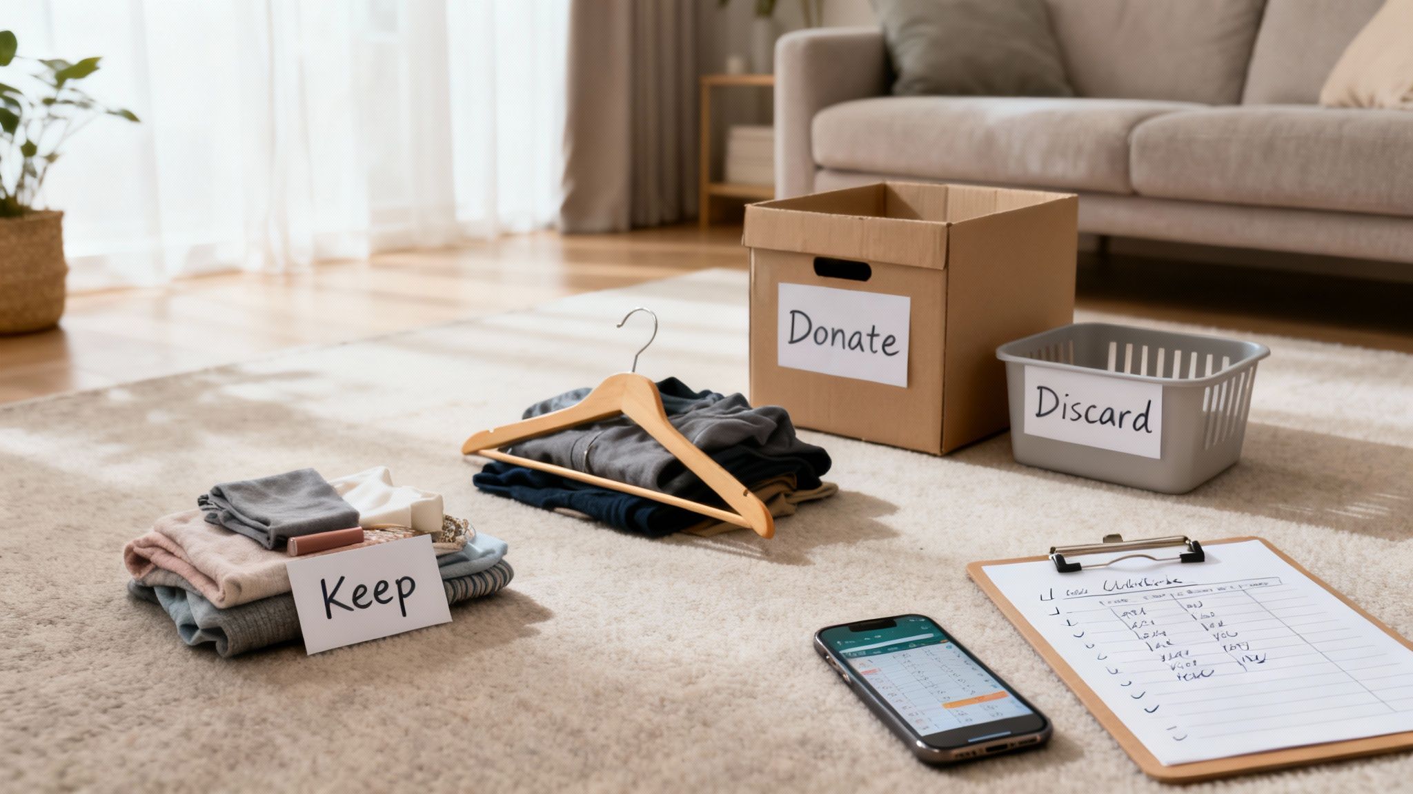 Items sorted on a rug for donation, discarding, and keeping, with a phone and clipboard.