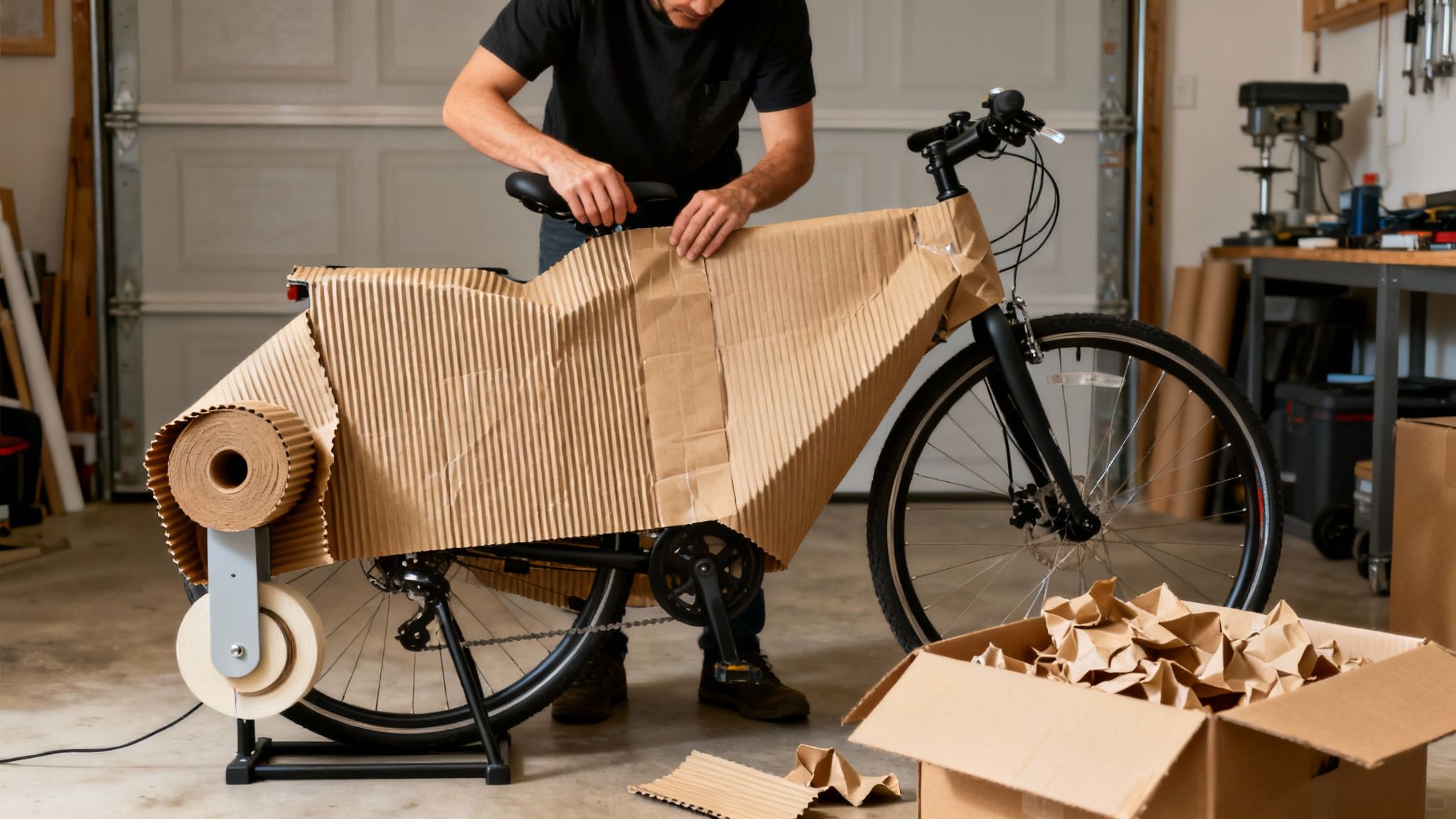 A man diligently wraps a bicycle in corrugated cardboard packaging, preparing it for shipment in a garage.