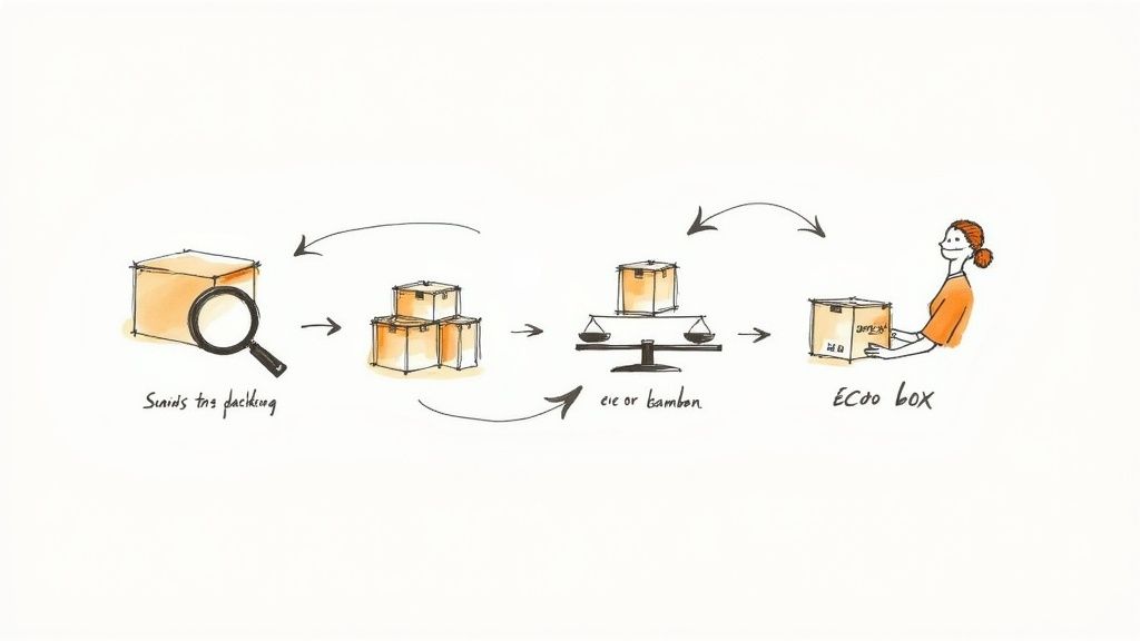 Eco-friendly packaging process diagram showing tracking, shipping, weighing options and delivery to customer