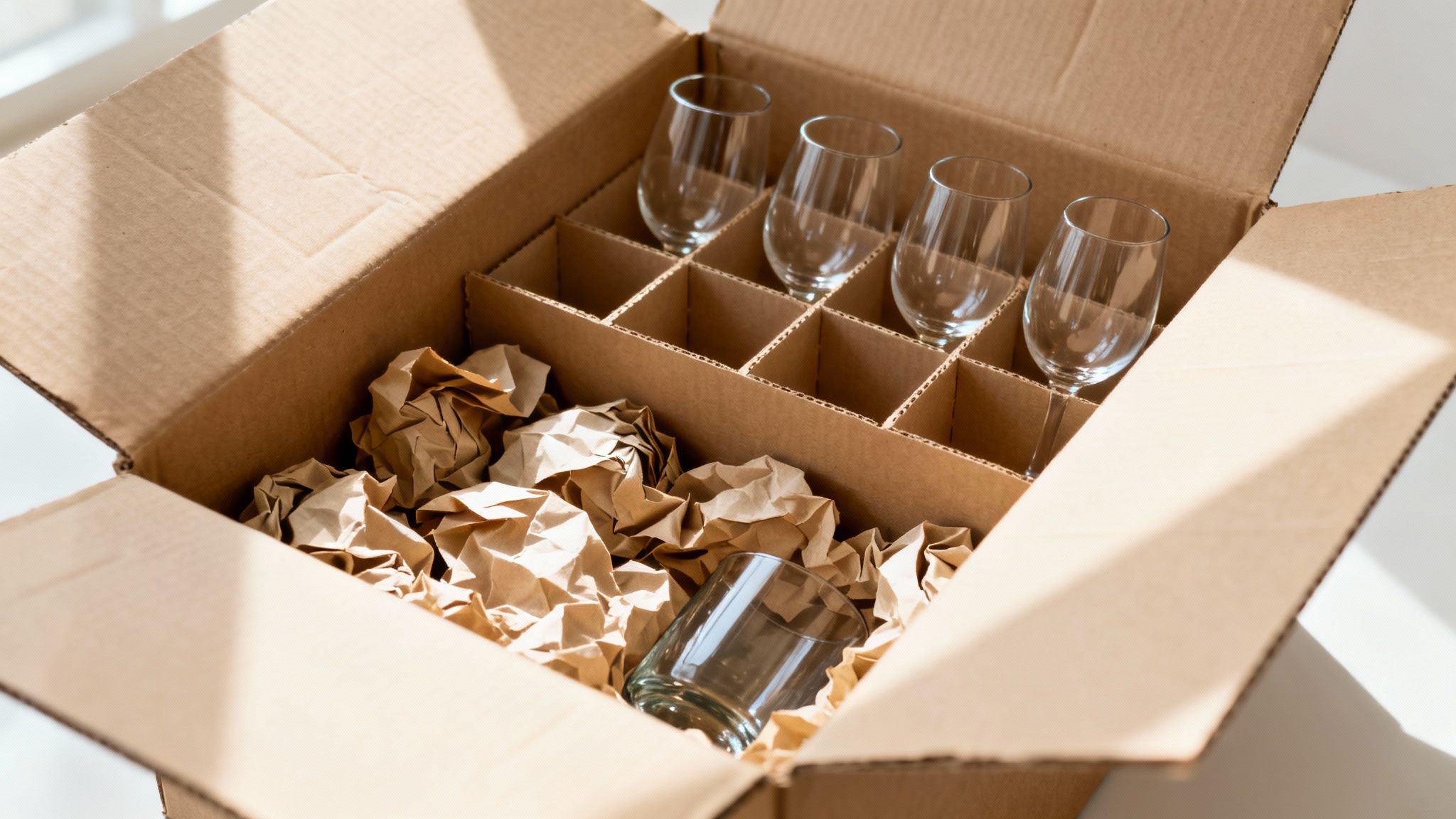 Open cardboard box with wine glasses, tumblers, and crumpled packing paper for safe transport.