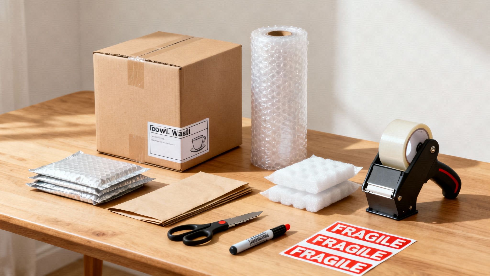 Various packaging supplies, including a box, bubble wrap, tape, and fragile stickers, on a wooden table.