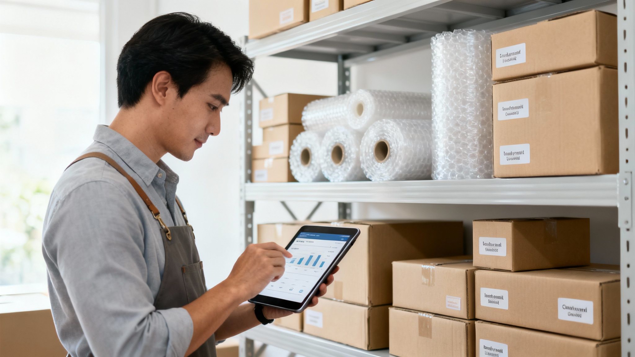 Young man in apron checks inventory on tablet in a warehouse with shipping boxes.
