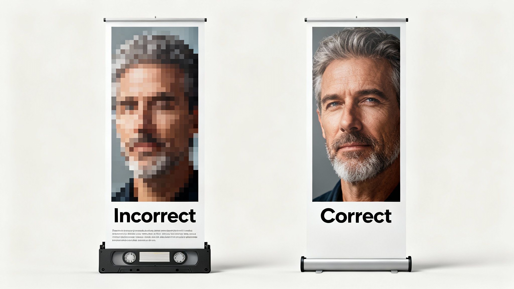 Two roller banners display contrasting image quality, one pixelated (incorrect) and the other clear (correct), featuring a man's face.