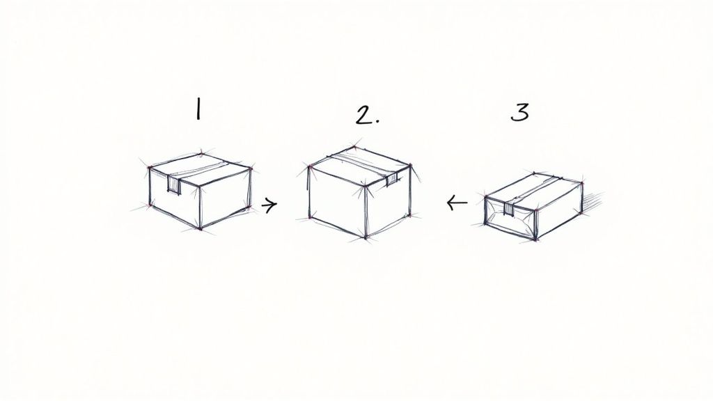 Three-step instructional diagram showing how to properly assemble and close a large shipping box