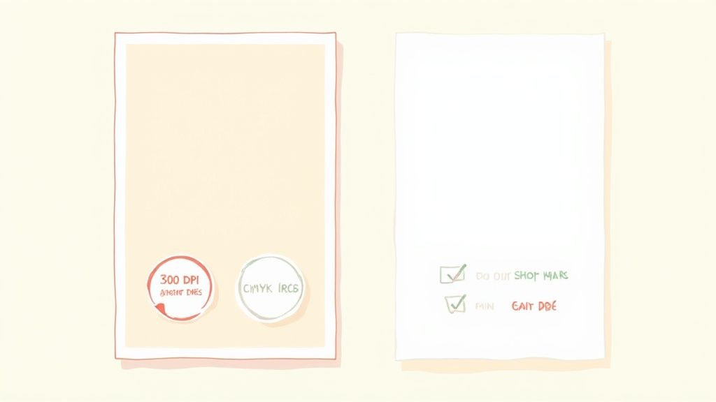 Two stylized paper sheets illustrating printing specifications like 300 DPI, CMYK, and a handwritten checklist.