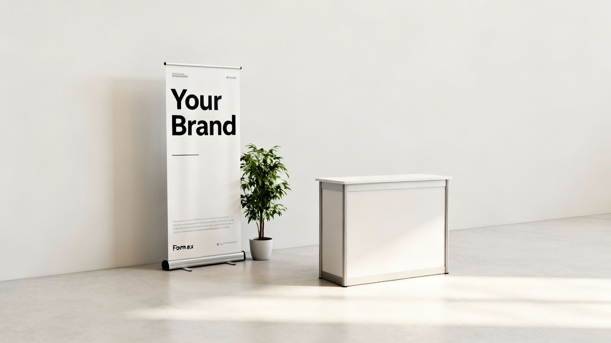 A minimalist trade show setup featuring a pull-up banner with 'Your Brand' text, a plant, and a reception counter.