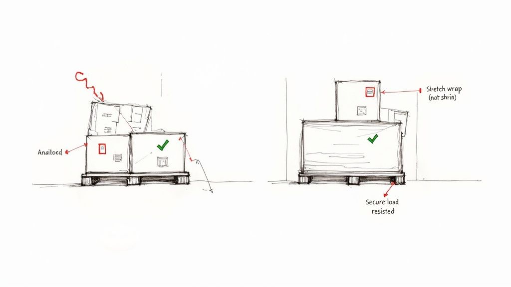 Comparison of an unstable, unsecured pallet load versus a stable, stretch-wrapped and secured pallet load.