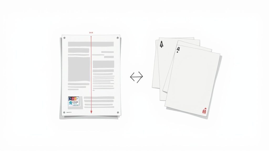An illustration of a large document being transformed into multiple smaller cards or prints.