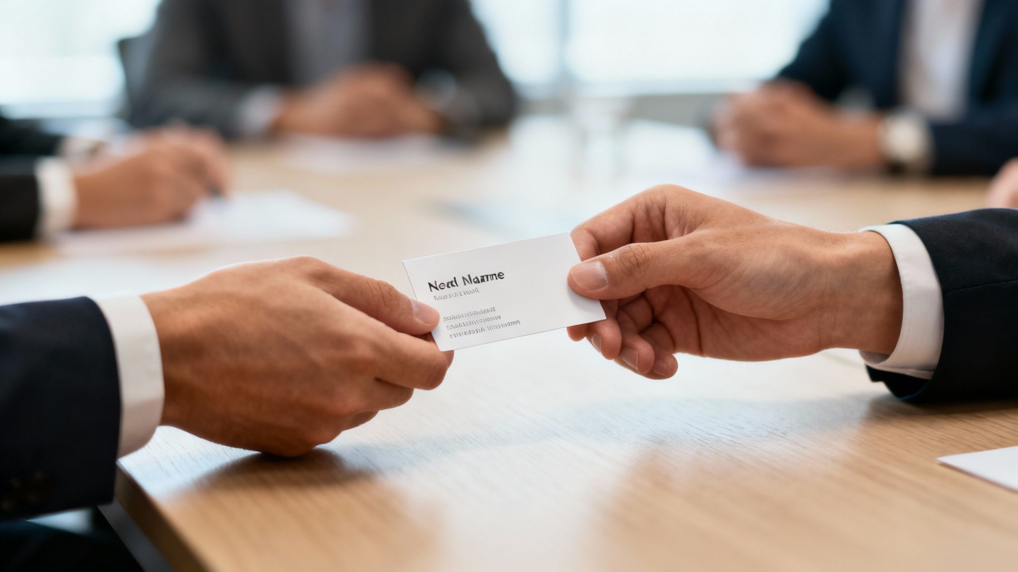 Close-up of two professionals exchanging a white business card with 'Next Name' across a meeting table.