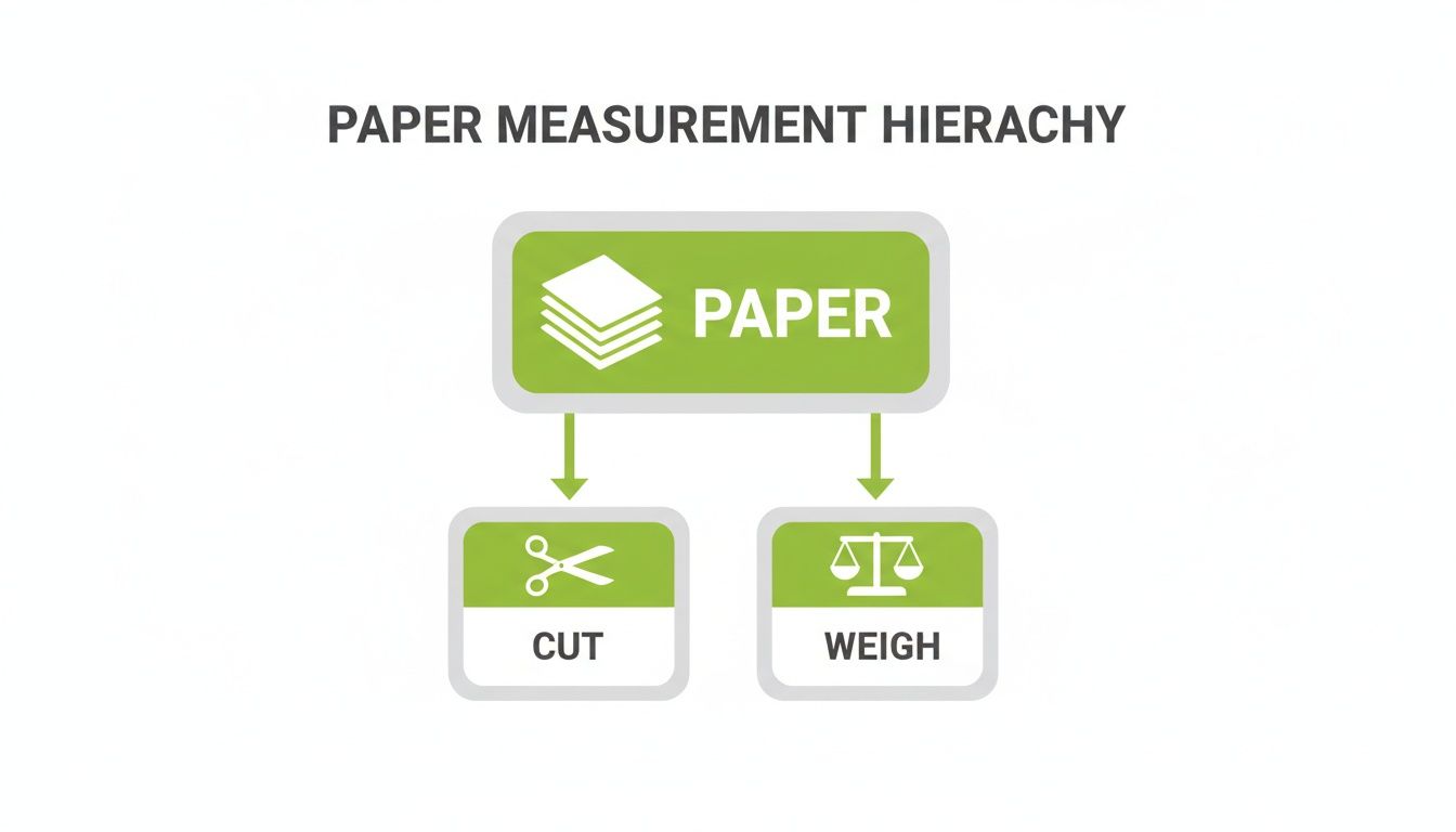 A diagram illustrates the paper measurement hierarchy, showing 'Paper' at the top, branching into 'Cut' and 'Weigh' options.