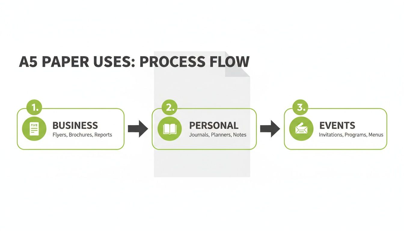 Infographic illustrating A5 paper uses: business, personal, and events, with examples like flyers, journals, and invitations.