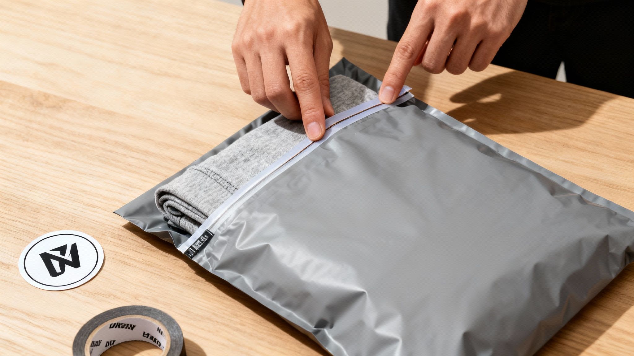 A person's hands sealing a grey mailing bag with a folded grey garment on a wooden table.