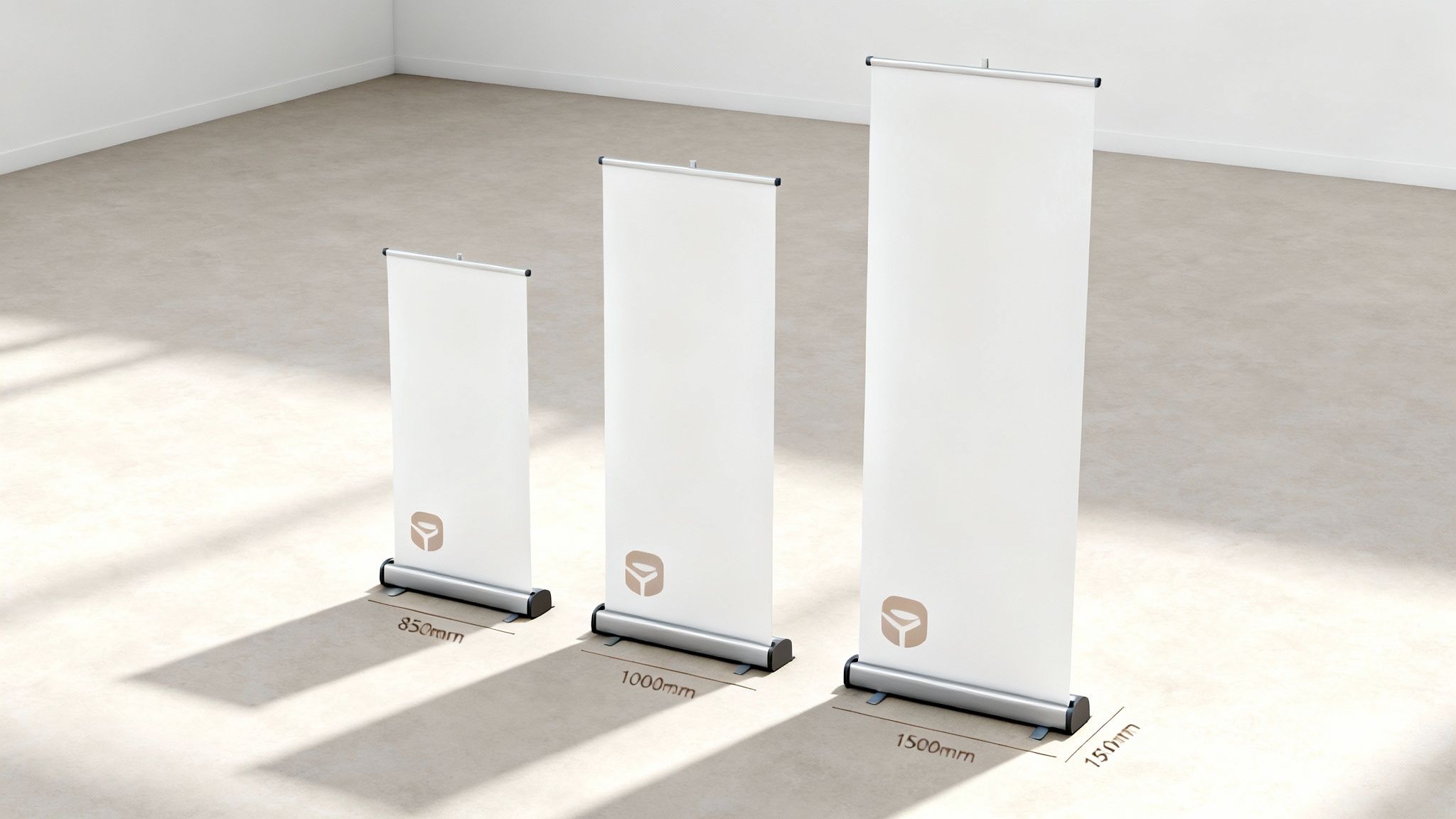 Three white roller banners showcasing different widths: 850mm, 1000mm, and 1500mm, on a light floor.