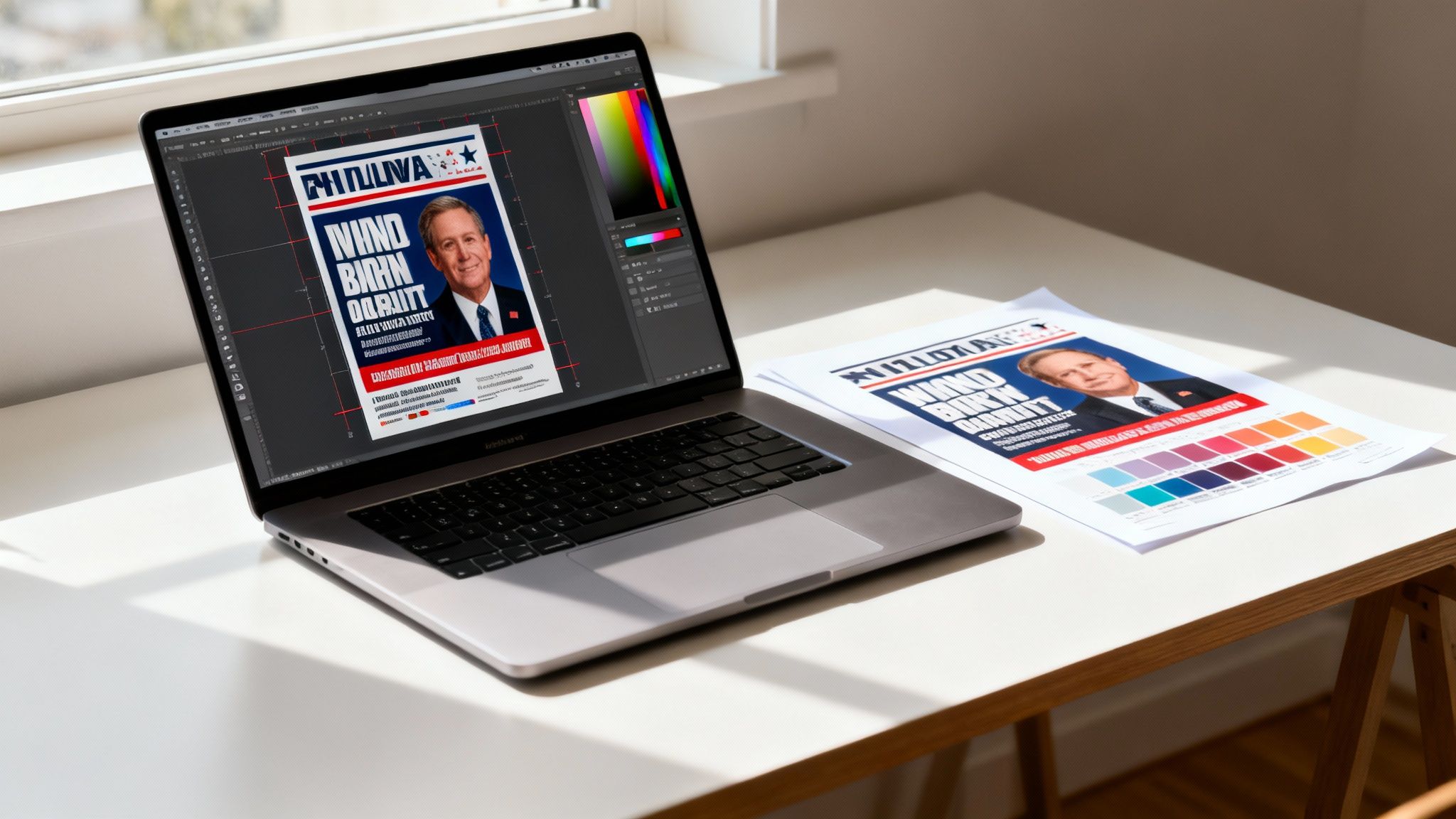 Laptop displaying a political campaign flyer design, with a printed copy and color swatches on a desk.