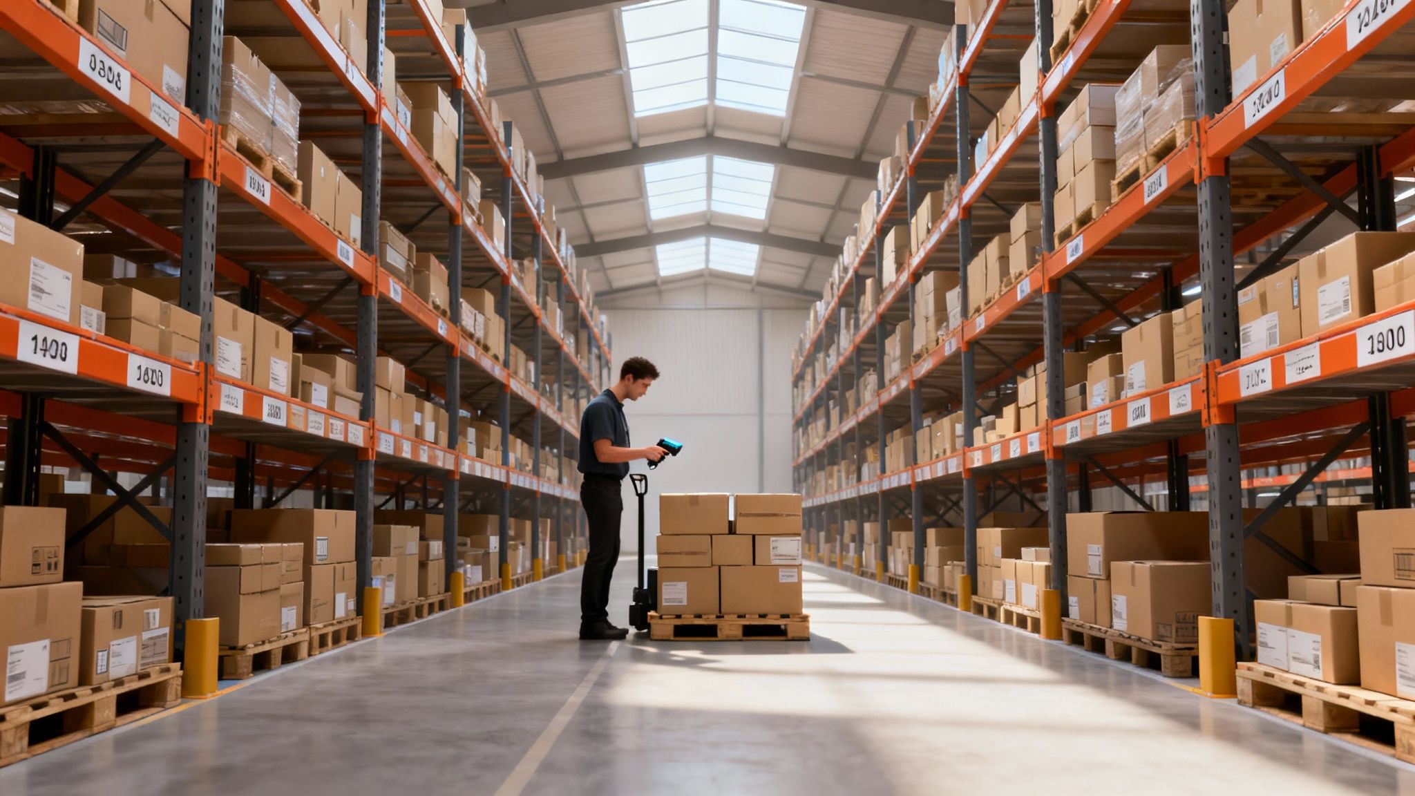A man scans boxes in a well-lit warehouse aisle, surrounded by shelves stacked with goods.
