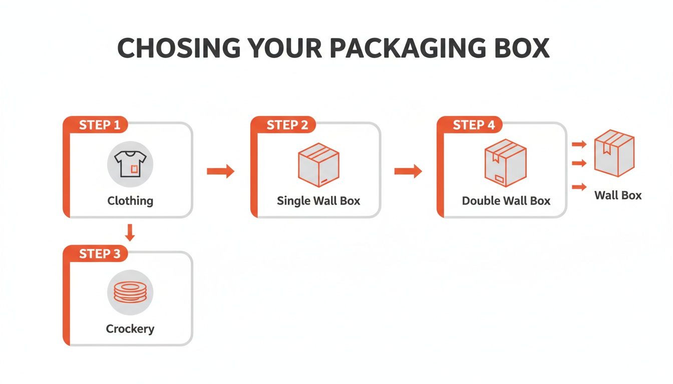 Flowchart guiding selection of single or double wall packaging boxes for items like clothing and crockery.
