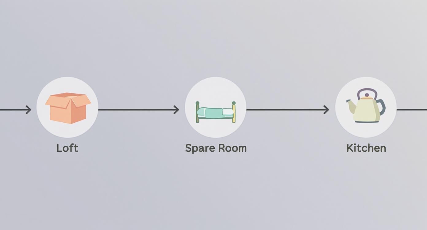 Visual diagram showing categories for moving items: a box for the loft, a bed for the spare room, and a kettle for the kitchen.