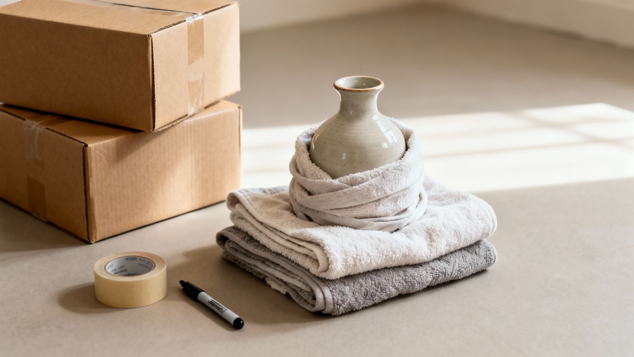 Moving essentials: cardboard boxes, a vase wrapped in towels, packing tape, and a marker.