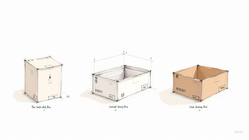 Three hand-drawn illustrations showcasing different types of cardboard boxes for storage and moving.