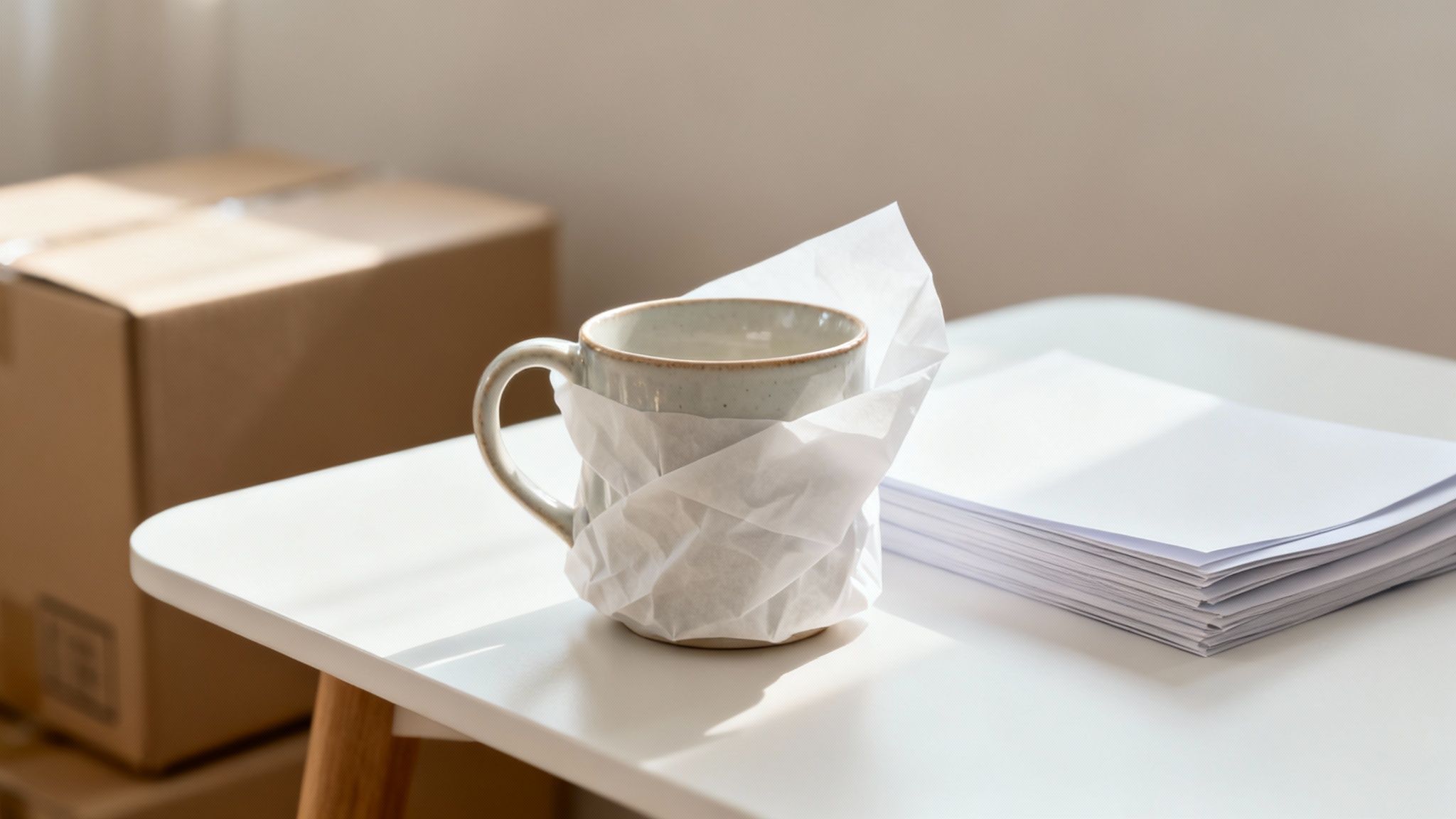 A mug wrapped in tissue paper and a stack of white papers on a table with moving boxes.