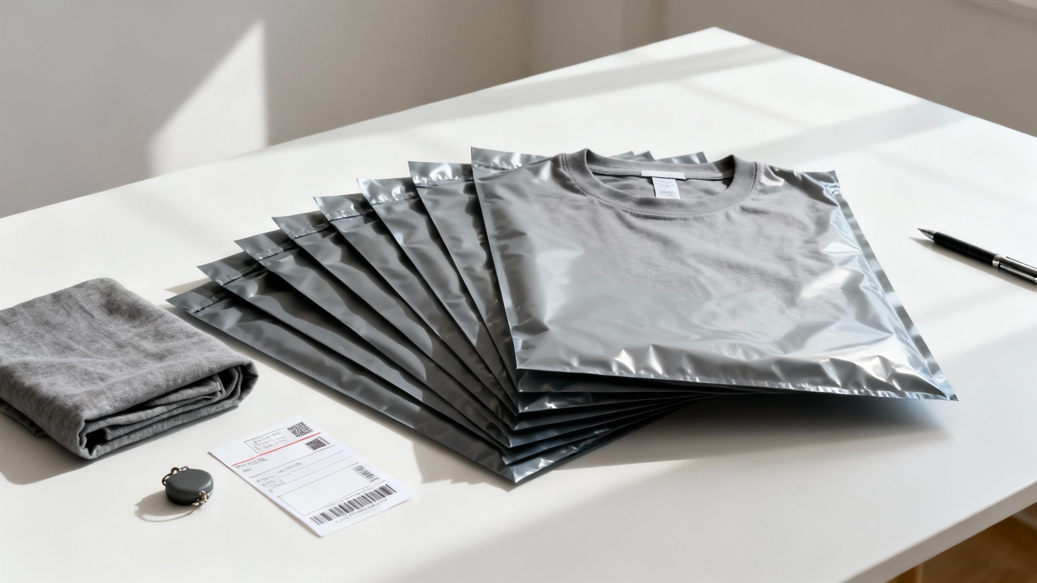 Grey t-shirts individually packed in mailer bags on a white table, ready for shipping.