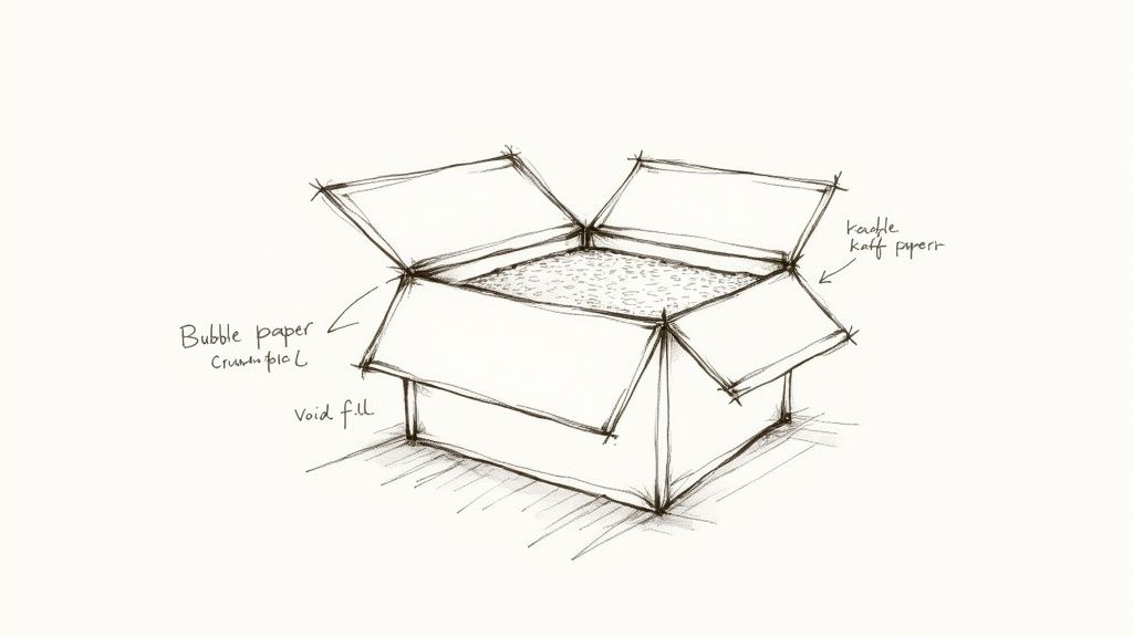 A hand-drawn sketch of an open cardboard box filled with void fill and crumpled packing paper.