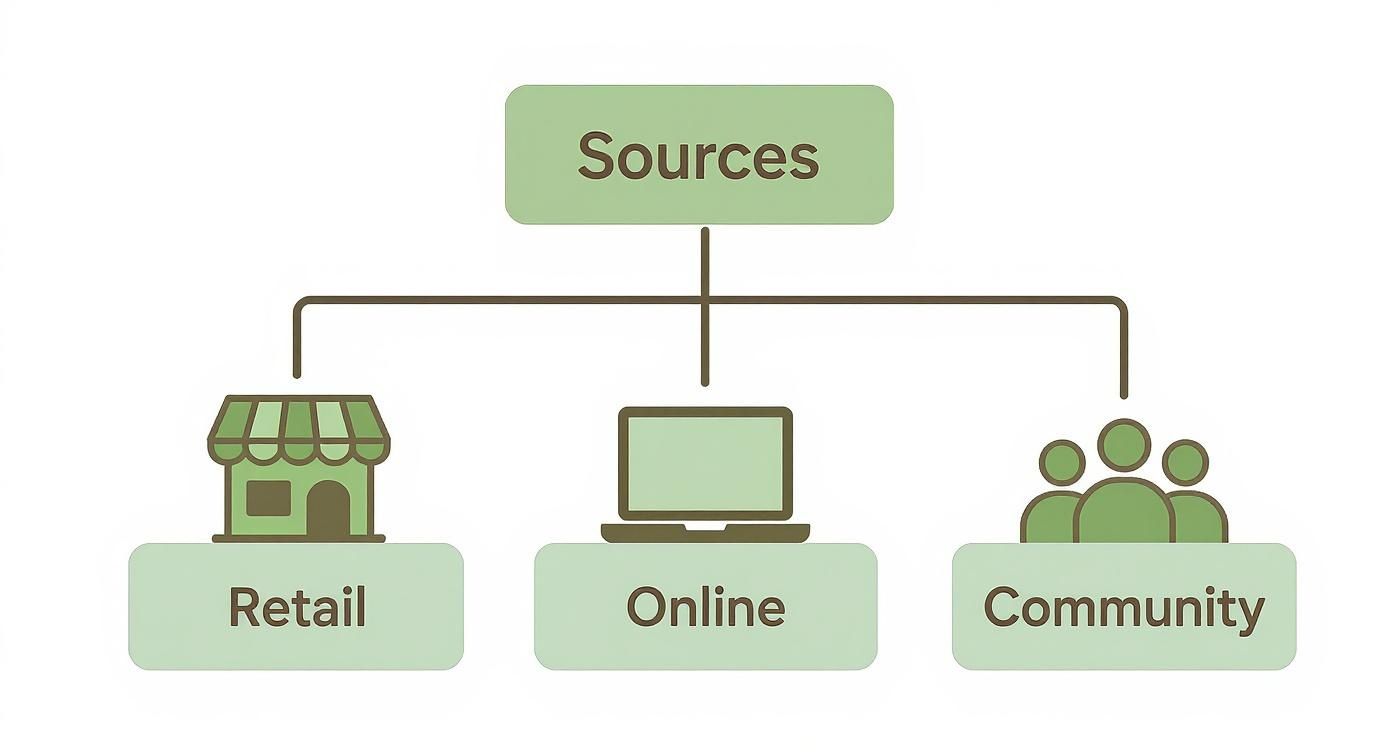 A diagram illustrating different sources, categorized as Retail, Online, and Community, each with an icon.