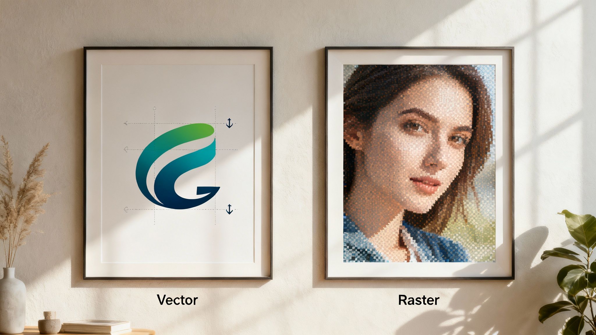 Two framed images on a wall, comparing a scalable vector logo and a pixelated raster portrait.