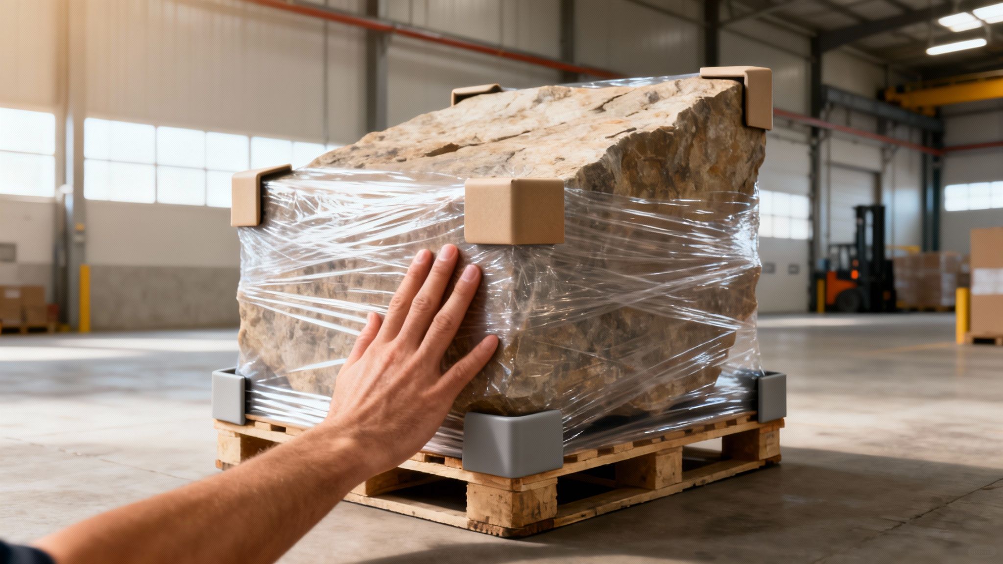 A person touches a large, shrink-wrapped stone on a wooden pallet in a warehouse.