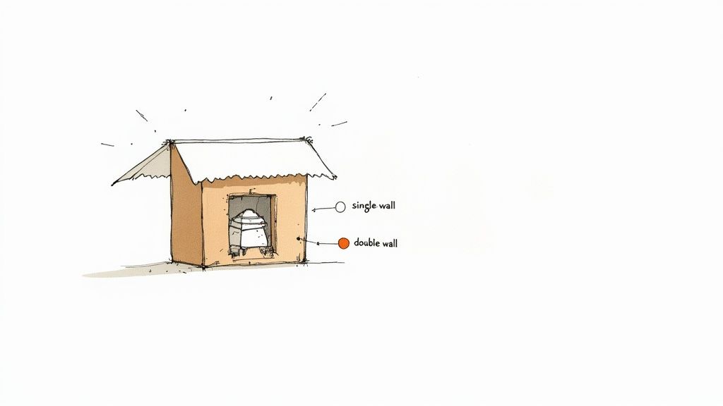 Hand-drawn diagram of a cardboard structure showing single and double wall construction with labels.
