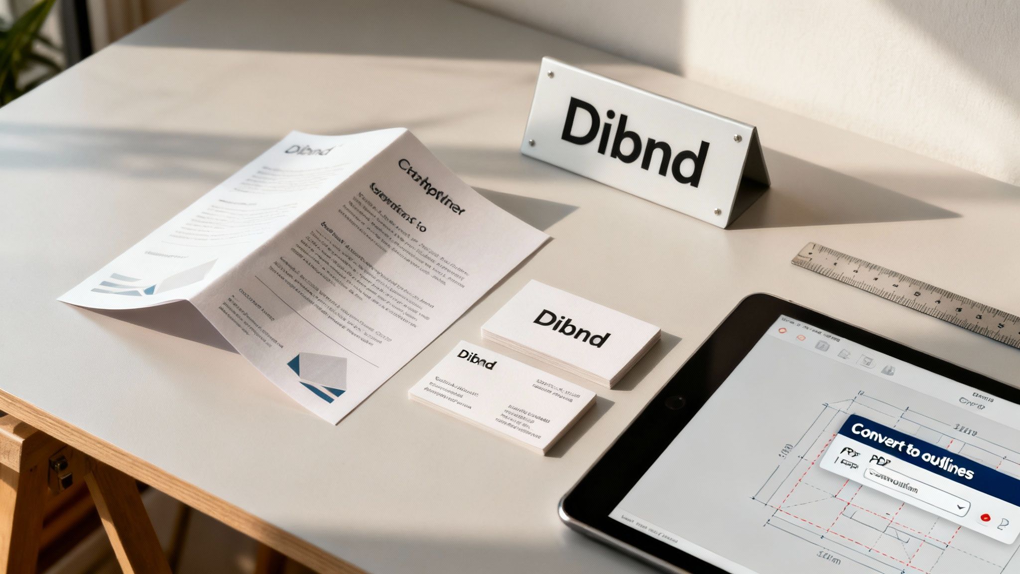 A modern workspace with Dibnd branding materials, a tablet showing design software, and a ruler.