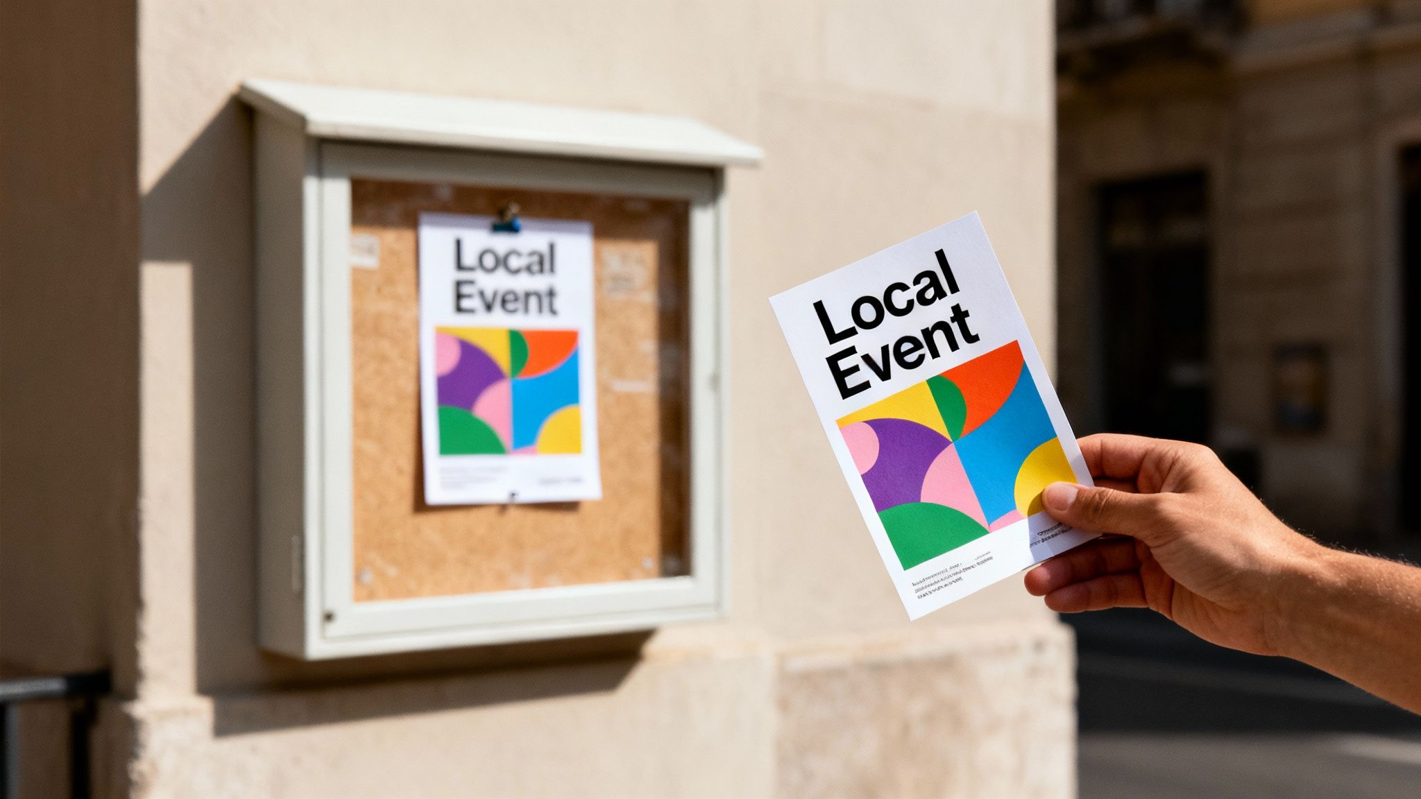 A hand holds a vibrant 'Local Event' flyer, with an identical one displayed on a public cork board.
