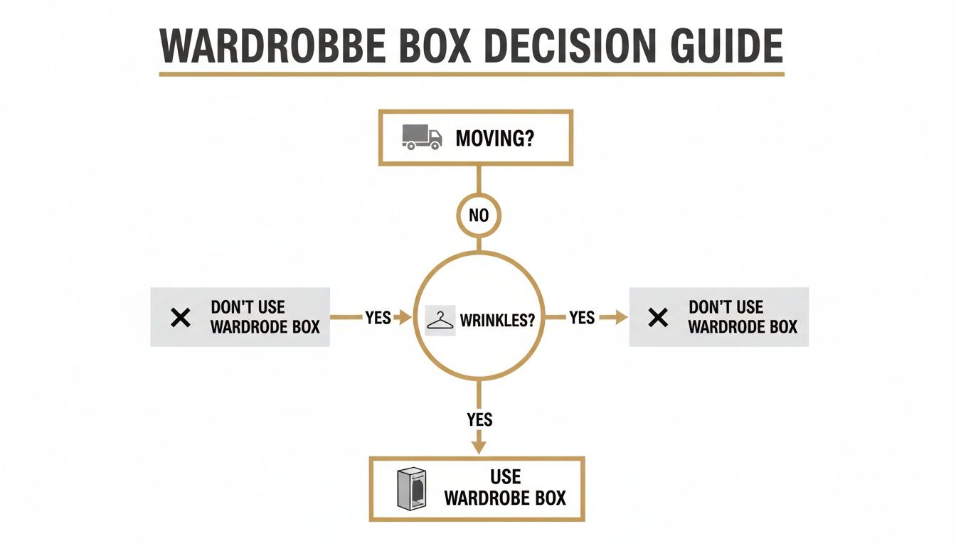 Decision guide flowchart on when to use wardrobe boxes, considering moving and wrinkles.