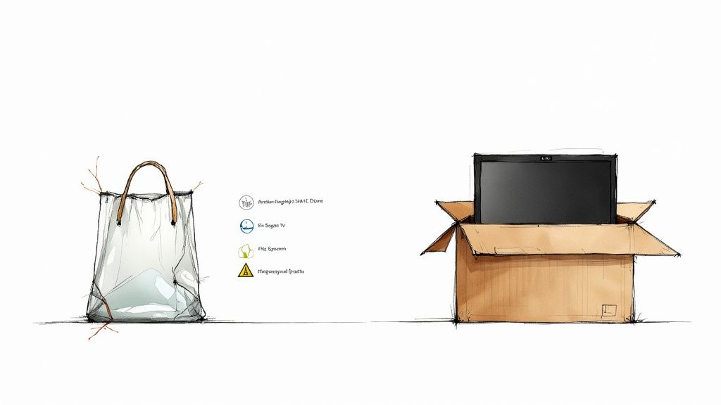 A person carefully placing a modern flat-screen TV into a specially designed cardboard box.