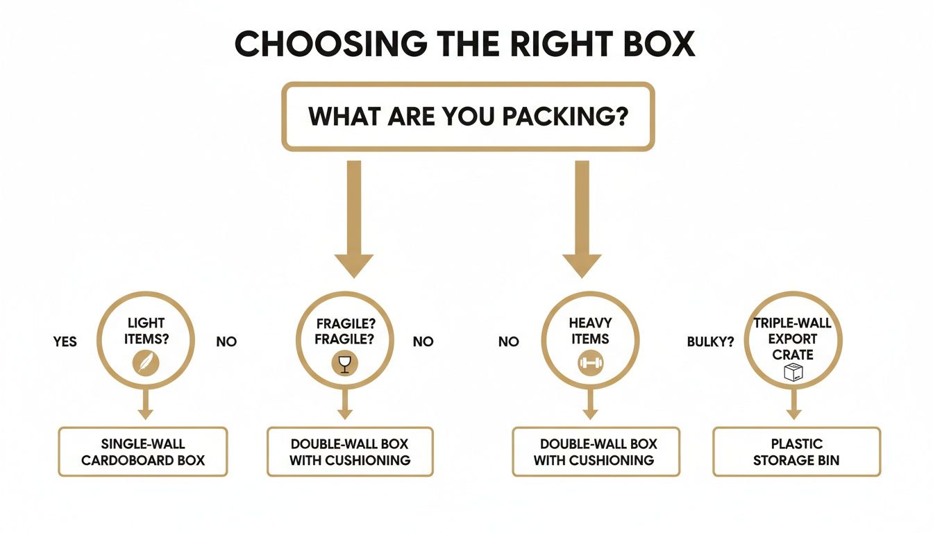 Decision tree for choosing the ideal moving boxes: single-wall, double-wall, triple-wall, or plastic.