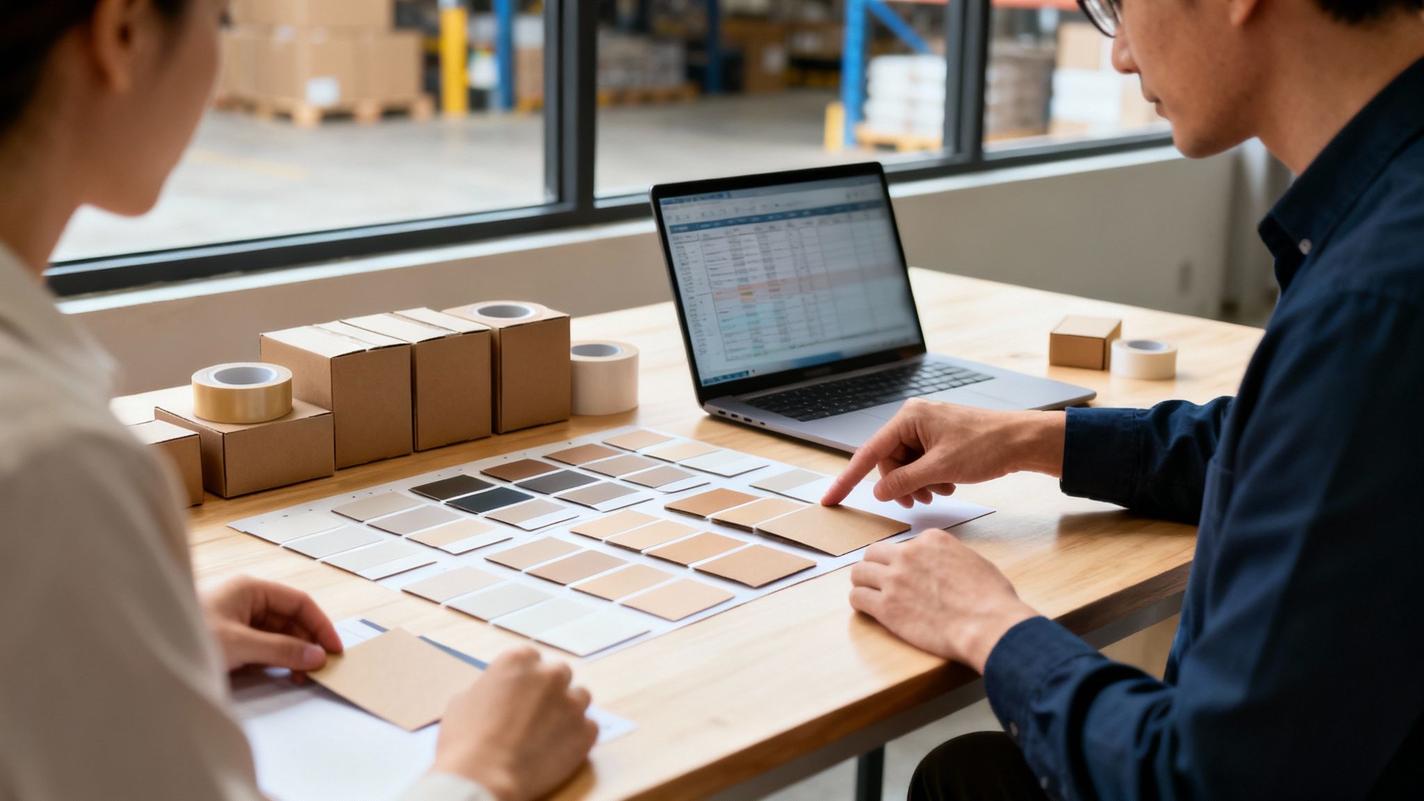 Two professionals collaboratively choosing packaging material samples on a desk with a laptop in a warehouse.
