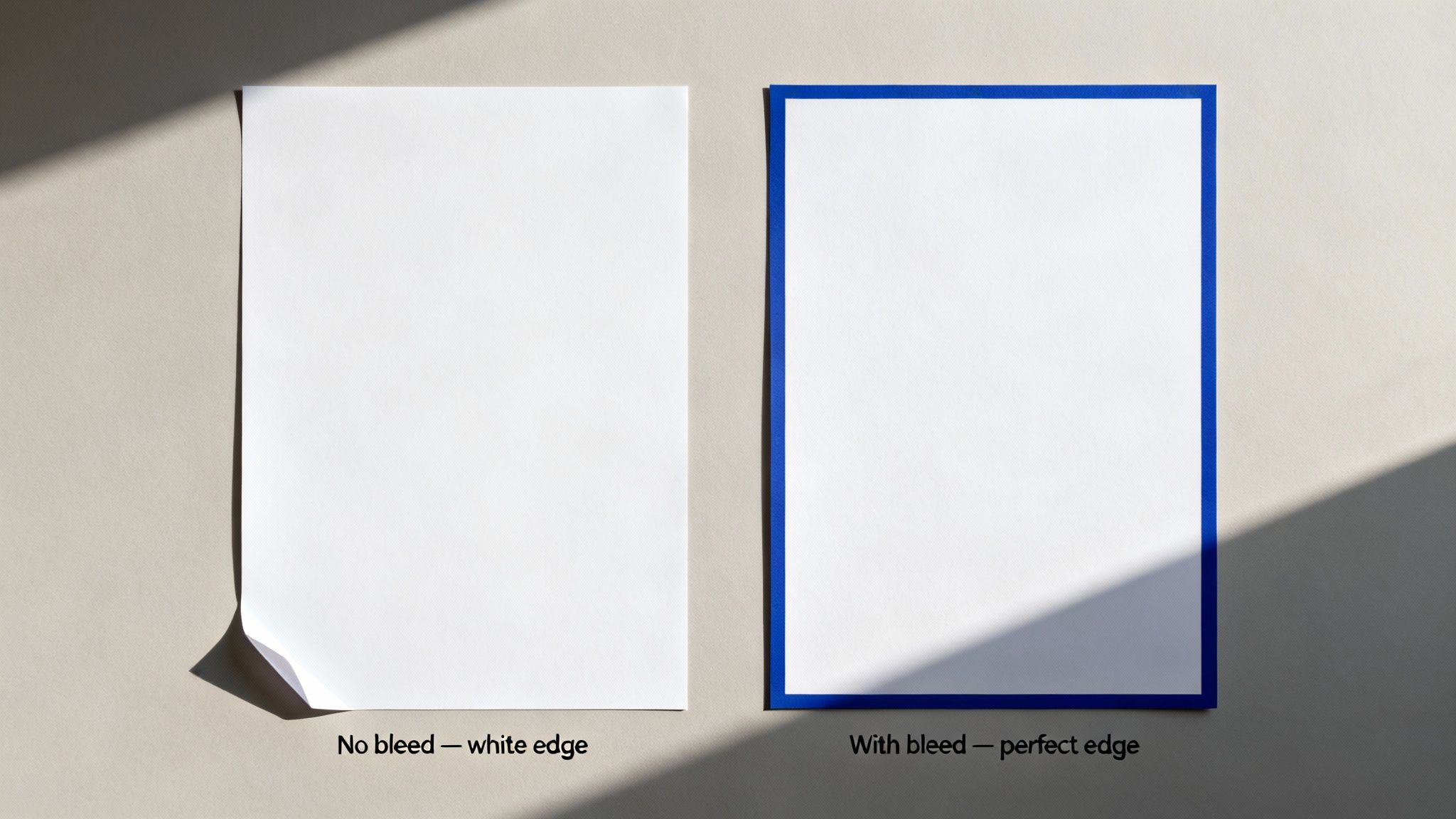Two white sheets of paper demonstrating print bleed, one with a white edge and one with a blue bleed.