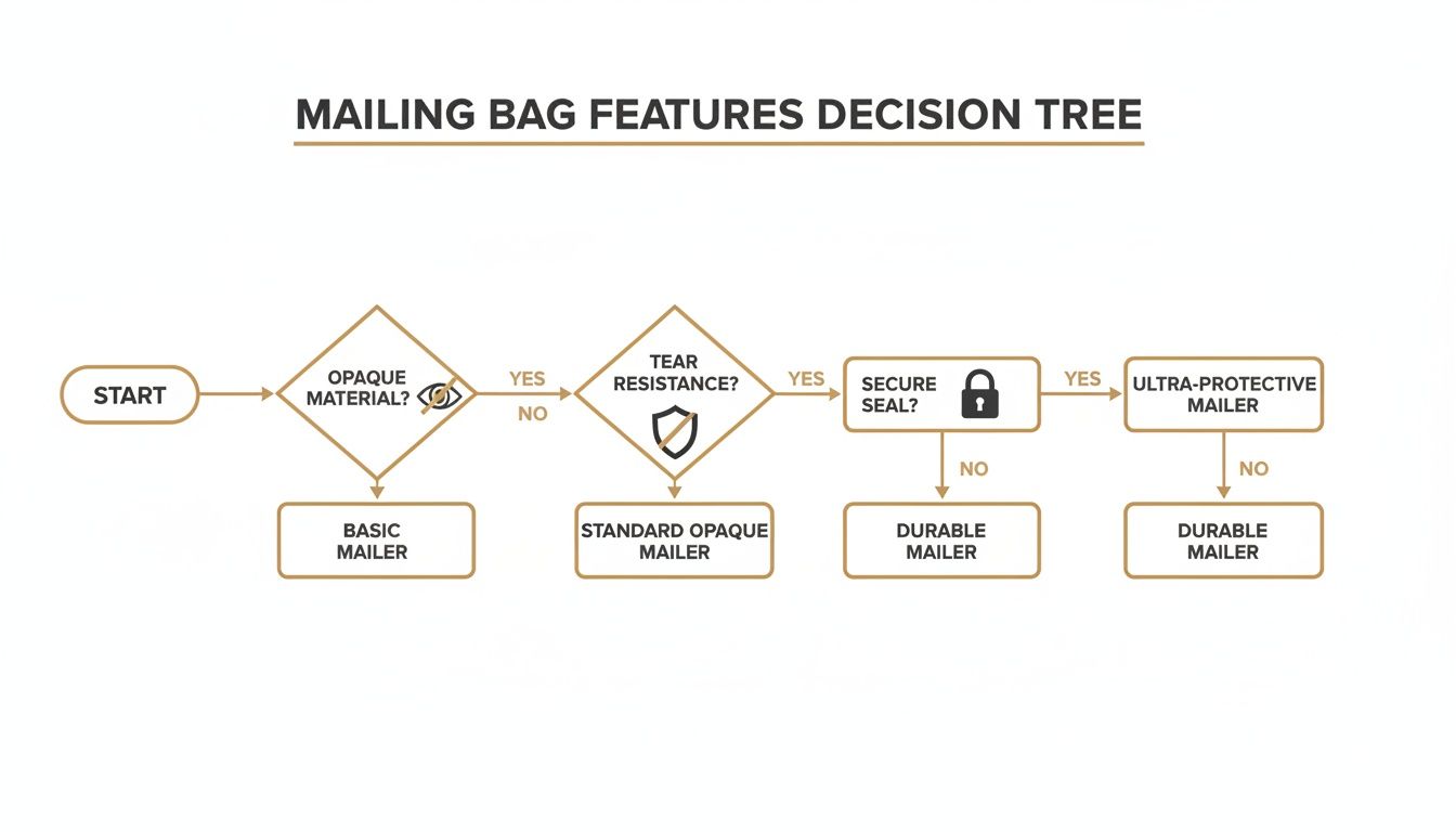 Decision tree flowchart illustrating features and types of mailing bags, guiding selection based on material and security.